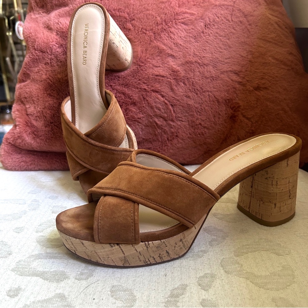 Veronica Beard Dory Platform Slide Sandal Carmel Suede Leather Size 7.5